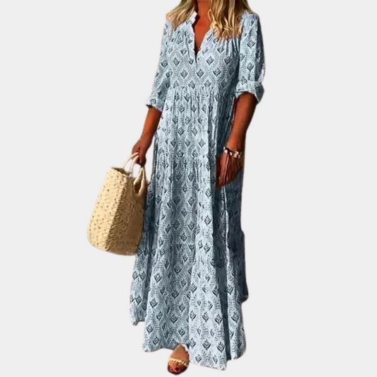 Blau Sommerkleid für Damen mit langer Schnittform, V-Ausschnitt und langen Ärmeln